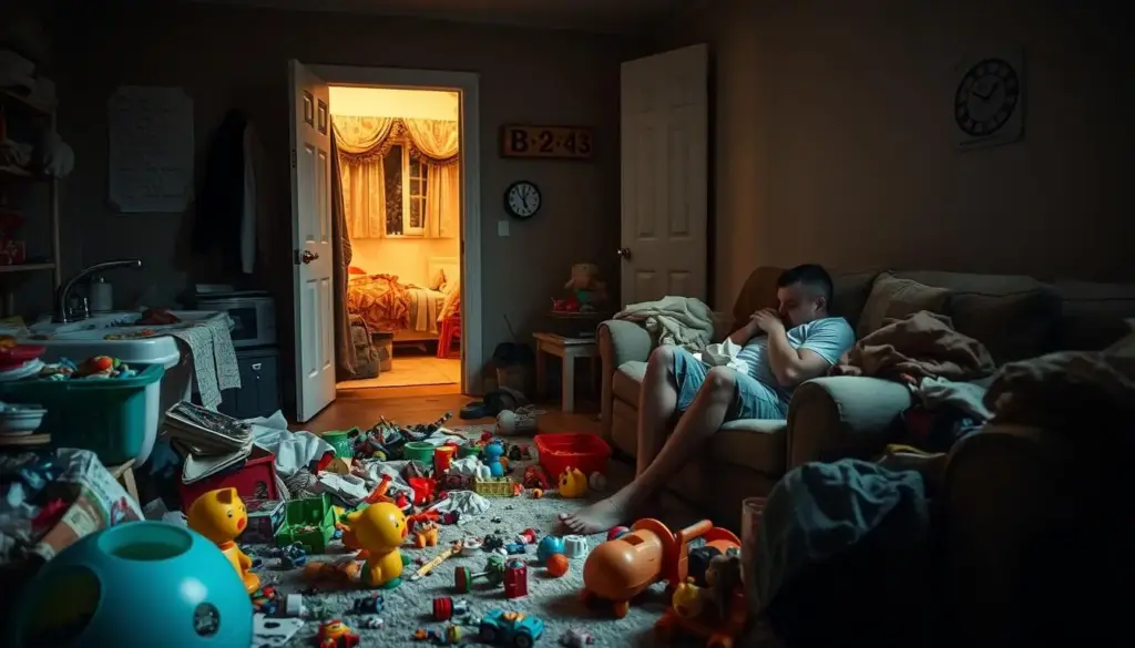 A dimly lit living room, toys and clutter strewn across the floor. An exhausted parent slumped on the couch, face in hands, surrounded by signs of neglect - an overflowing sink, dirty dishes, and piles of unwashed laundry. The atmosphere is heavy with a sense of overwhelming stress and disengagement. Through a half-open doorway, a child's room is visible, unkempt and devoid of parental care. The lighting is harsh, emphasizing the disarray and lack of attentiveness. This scene captures the visual markers of poor parenting, a cautionary tale of the consequences of neglect and burnout.
