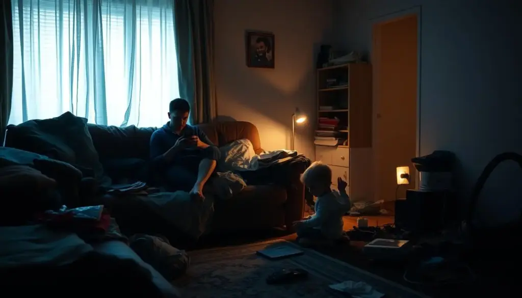 A dimly lit living room with a disheveled couch, piles of clutter, and an unattended toddler playing dangerously close to a power outlet. The parent, distracted by a smartphone, sits obliviously in the corner. The room is bathed in a harsh, fluorescent glow, casting shadows that emphasize the neglect and disconnect. The atmosphere is one of chaos, inattention, and a concerning lack of parental supervision, highlighting the complex issues of "bad parenting" behaviors.