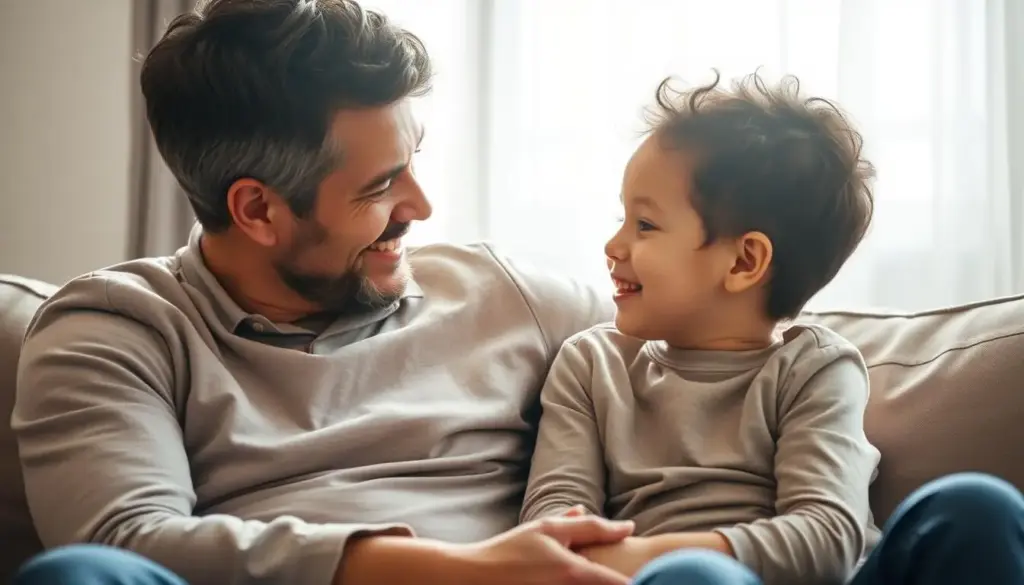 A loving parent and child seated on a couch, engaged in a heartfelt conversation. Soft, natural lighting filters through a window, casting a warm glow on their faces. The parent leans in, eyes filled with attentiveness, while the child's expression radiates openness and trust. The scene exudes a sense of genuine connection, intimacy, and mutual understanding, reflecting the importance of effective communication in successful parenting.