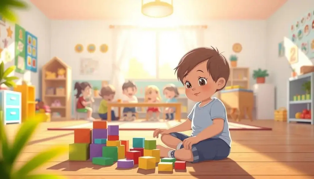 A serene, sun-dappled scene of child development unfolds before us. In the foreground, a young child sits cross-legged, their eyes alight with wonder as they meticulously arrange colorful building blocks. The middle ground reveals a group of children engrossed in imaginative play, their laughter and chatter filling the air. In the background, a cozy, inviting classroom setting provides the perfect backdrop, with cheerful wall displays and shelves brimming with educational toys. Soft, natural lighting bathes the scene, creating a warm, nurturing atmosphere that captures the essence of the developmental journey. The overall composition conveys a sense of curiosity, exploration, and the boundless potential of young minds.