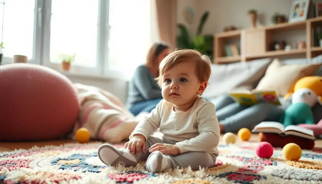 A warm, safe, and nurturing home environment with a child sitting comfortably on a plush, colorful rug, surrounded by soft toys and books. Gentle, natural lighting filters through large windows, creating a sense of tranquility. The child's face is serene, conveying a feeling of emotional security and well-being. In the background, parents or caregivers are present, but out of focus, their supportive presence felt rather than seen. The overall atmosphere is one of comfort, care, and the foundation for a child's emotional development and growth.