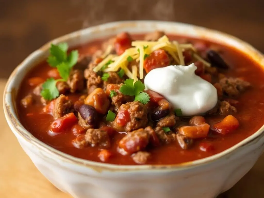 A bowl of 5-Ingredient Chili topped with cheese, an economical dirt cheap dinner for busy moms A bowl of 5-Ingredient Chili topped with cheese, an economical dirt cheap dinner for busy moms