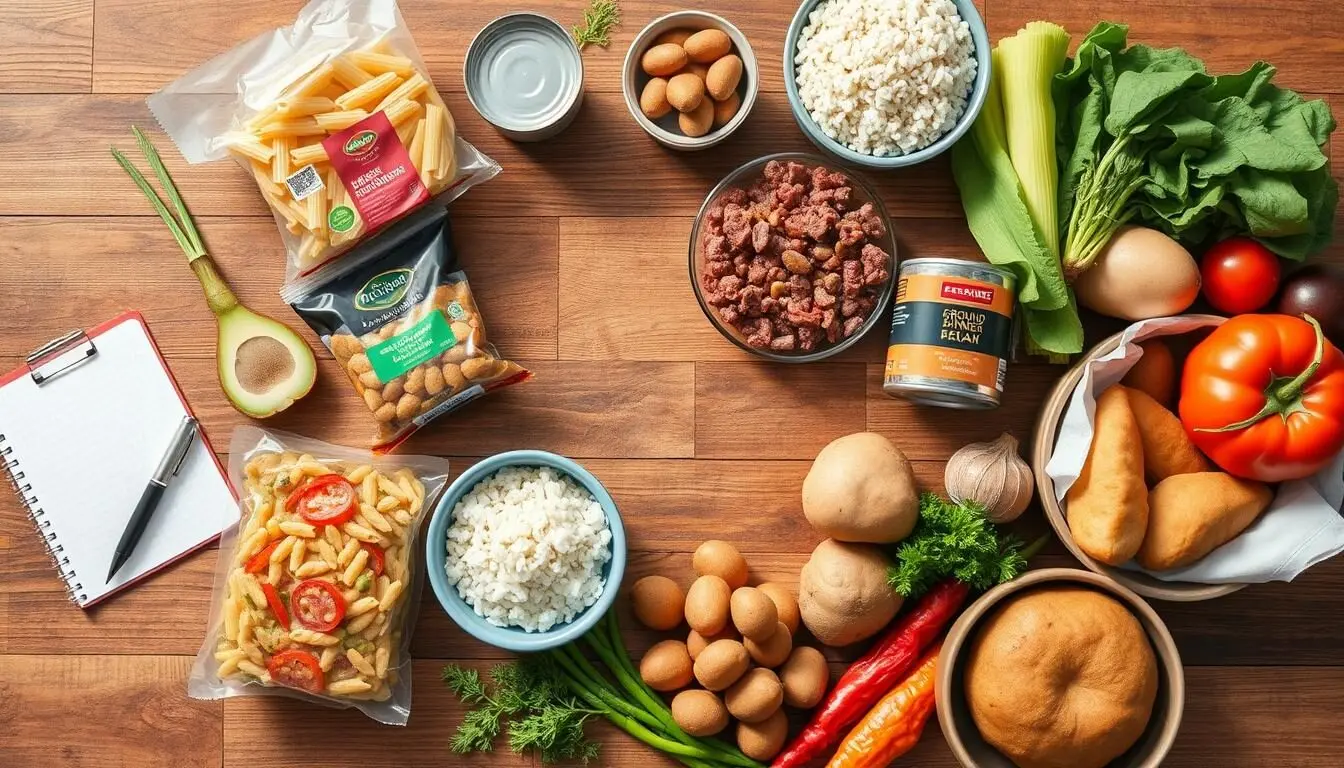 A collection of budget-friendly dinner ingredients including pasta, ground beef, and vegetables for Dirt Cheap Dinners For Busy Moms