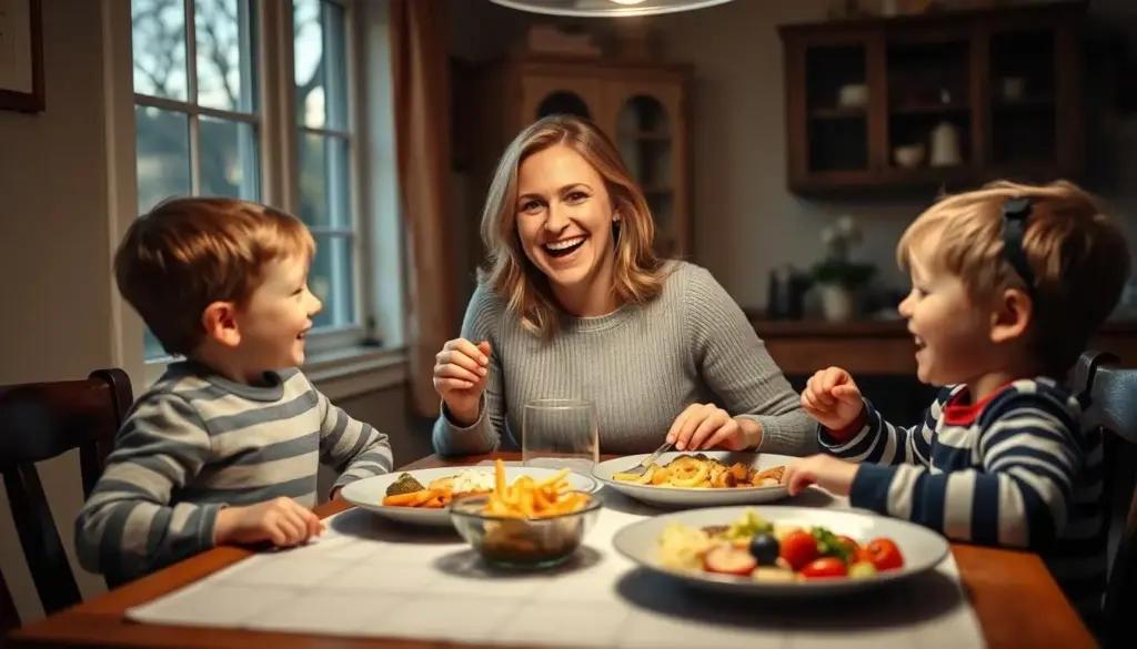 A mom and children enjoying dinner together, smiling after preparing dirt cheap dinners for busy moms A mom and children enjoying dinner together, smiling after preparing dirt cheap dinners for busy moms