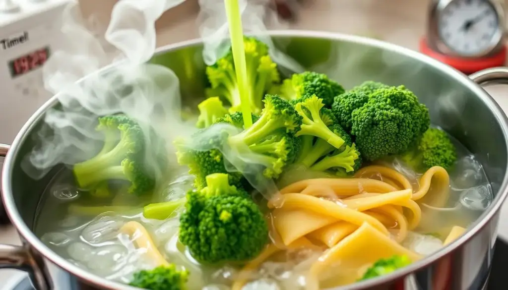 Adding broccoli to boiling pasta water in a large pot Adding broccoli to boiling pasta water in a large pot