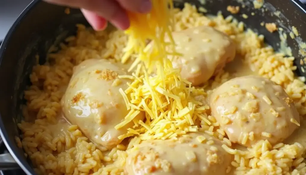 Adding cheese to the Creamy Smothered Chicken and Rice Adding cheese to the Creamy Smothered Chicken and Rice