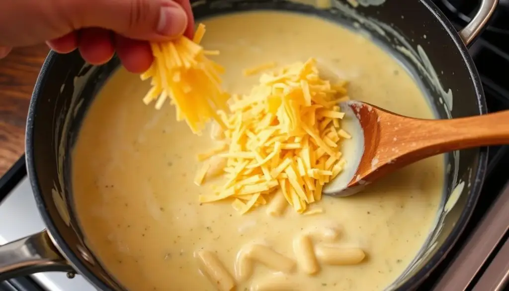 Adding cheese to the garlic butter sauce for Cheesy Penne with Garlic Butter Ground Beef Adding cheese to the garlic butter sauce for Cheesy Penne with Garlic Butter Ground Beef