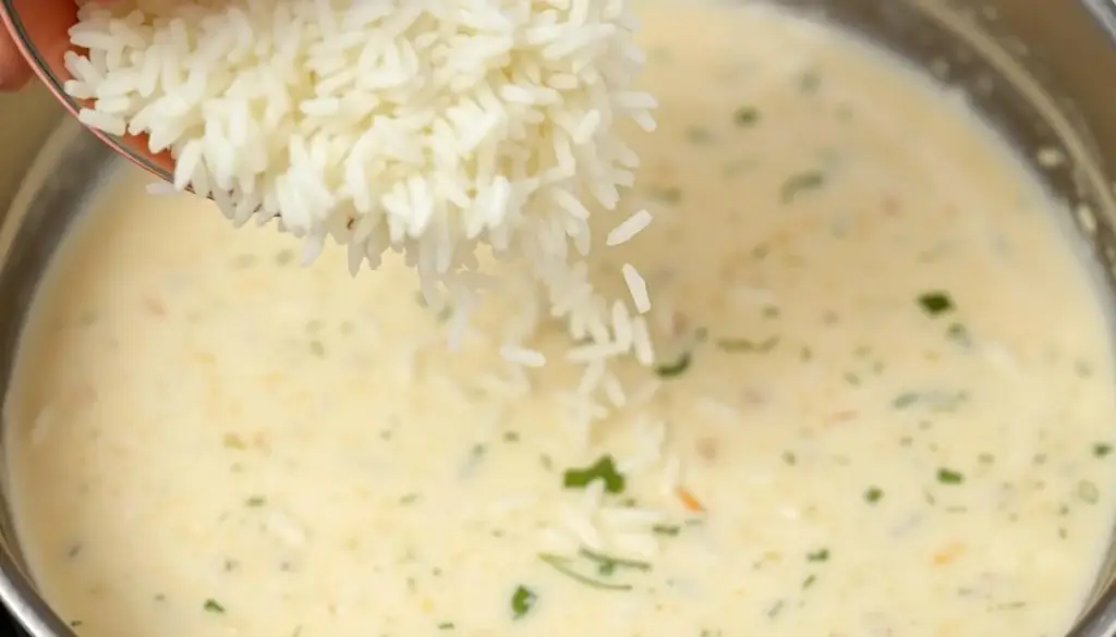 Adding rice to the creamy sauce for Smothered Chicken and Rice Adding rice to the creamy sauce for Smothered Chicken and Rice