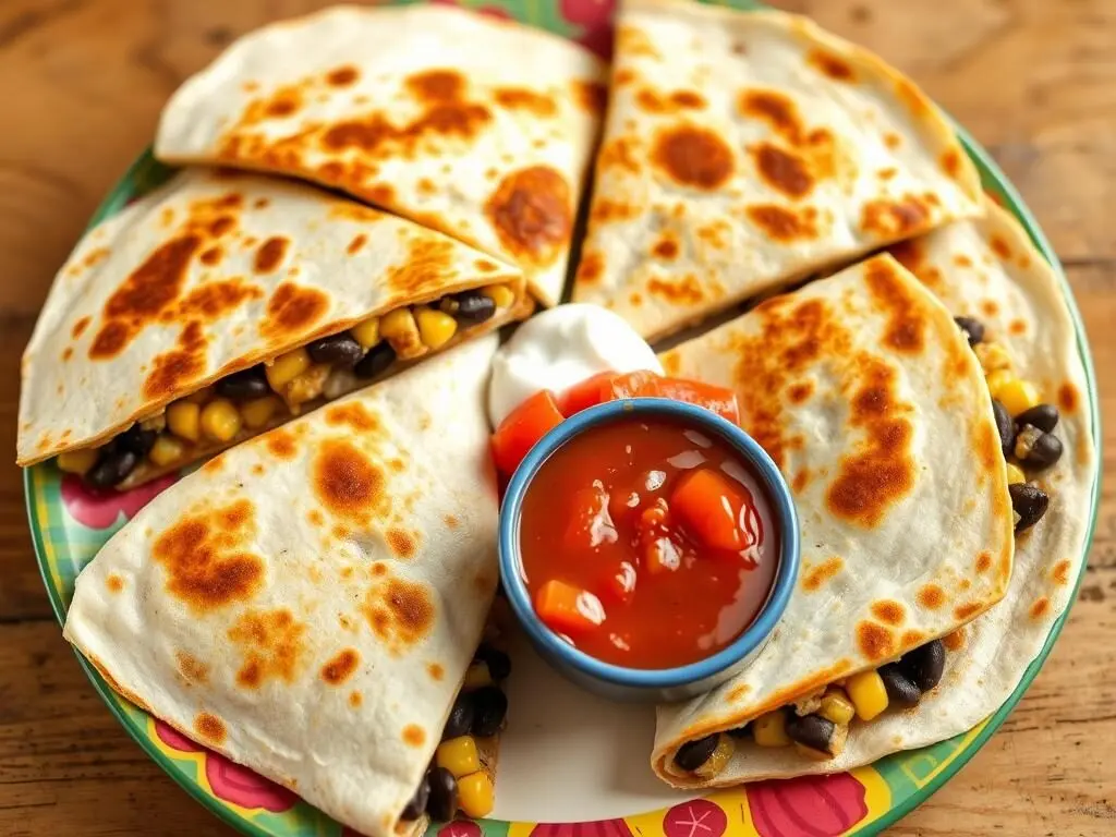 Black Bean & Corn Quesadillas cut into triangles, a vegetarian dirt cheap dinner for busy moms Black Bean & Corn Quesadillas cut into triangles, a vegetarian dirt cheap dinner for busy moms