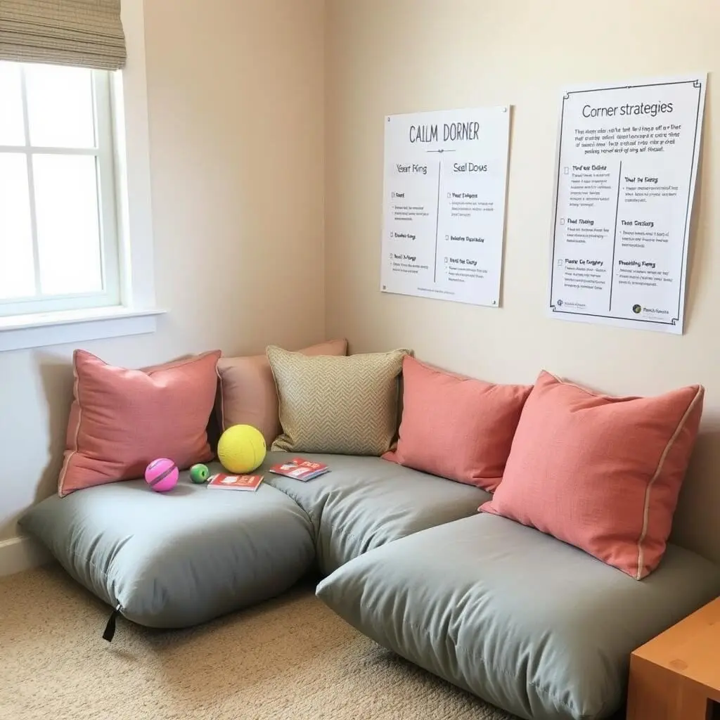 Calm-down corner with sensory tools and visual reminders for emotional regulation Calm-down corner with sensory tools and visual reminders for emotional regulation