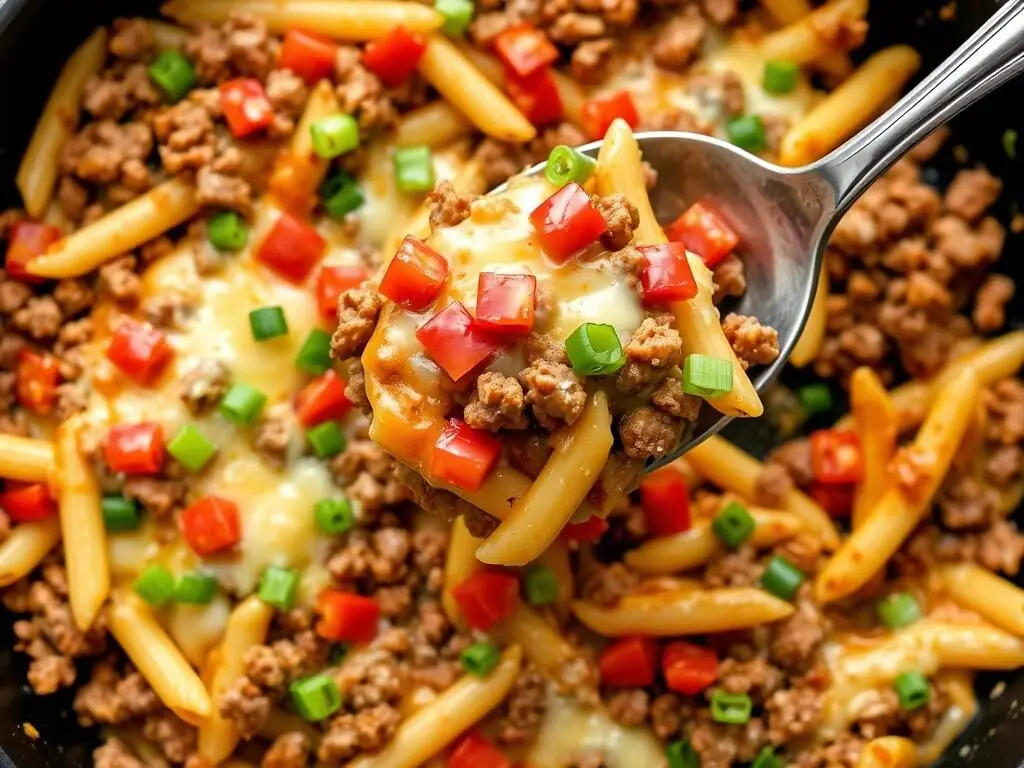 Cheeseburger Pasta Skillet with ground beef and melted cheese, a kid-friendly dirt cheap dinner for busy moms Cheeseburger Pasta Skillet with ground beef and melted cheese, a kid-friendly dirt cheap dinner for busy moms