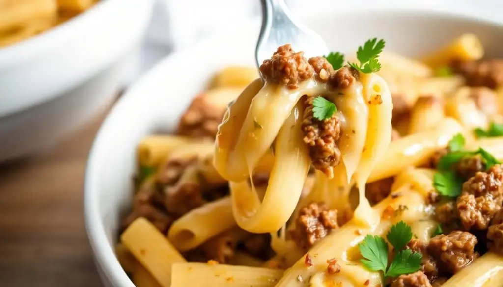 Cheesy Penne with Garlic Butter Ground Beef in a white bowl with a fork taking a bite showing the stretchy cheese