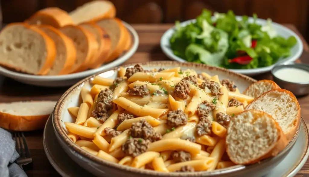 Cheesy Penne with Garlic Butter Ground Beef served with garlic bread and a side salad Cheesy Penne with Garlic Butter Ground Beef served with garlic bread and a side salad