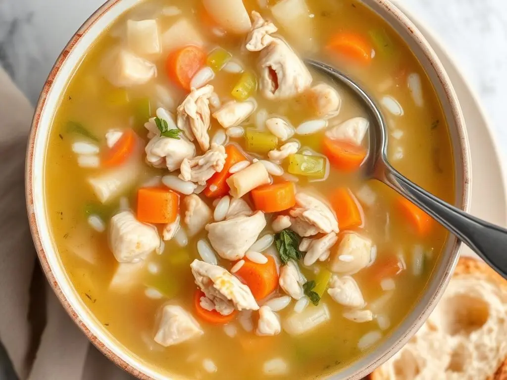 Chicken & Rice Soup in a bowl, a comforting dirt cheap dinner for busy moms Chicken & Rice Soup in a bowl, a comforting dirt cheap dinner for busy moms