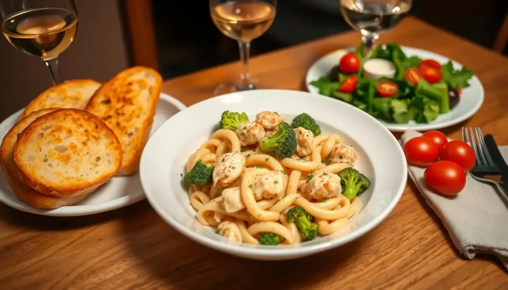 Chicken and broccoli pasta served with garlic bread and a side salad Chicken and broccoli pasta served with garlic bread and a side salad