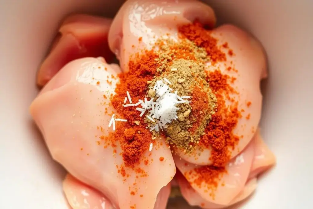 Chicken thighs being seasoned with spices for Creamy Smothered Chicken and Rice Chicken thighs being seasoned with spices for Creamy Smothered Chicken and Rice