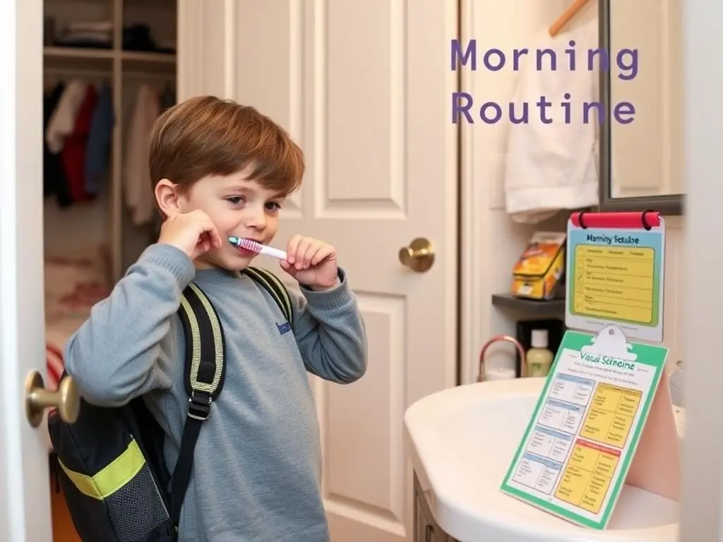 Child completing morning routine tasks independently with a visual schedule nearby Child completing morning routine tasks independently with a visual schedule nearby