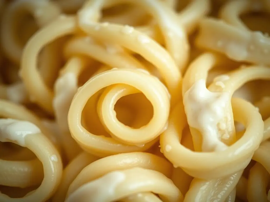Close-up of perfectly cooked al dente pasta with sauce clinging to each piece Close-up of perfectly cooked al dente pasta with sauce clinging to each piece