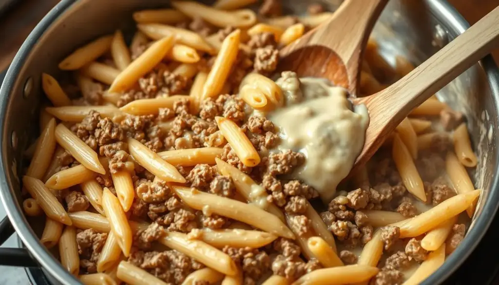 Combining pasta, beef and sauce for Cheesy Penne with Garlic Butter Ground Beef Combining pasta, beef and sauce for Cheesy Penne with Garlic Butter Ground Beef