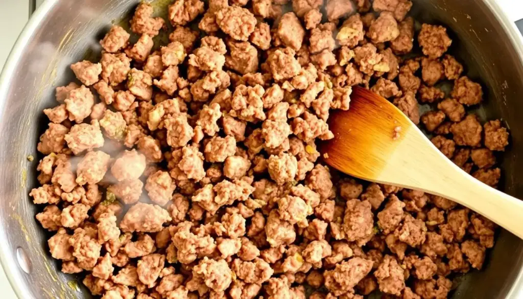 Cooking process of browning ground beef for Cheesy Penne with Garlic Butter Ground Beef Cooking process of browning ground beef for Cheesy Penne with Garlic Butter Ground Beef