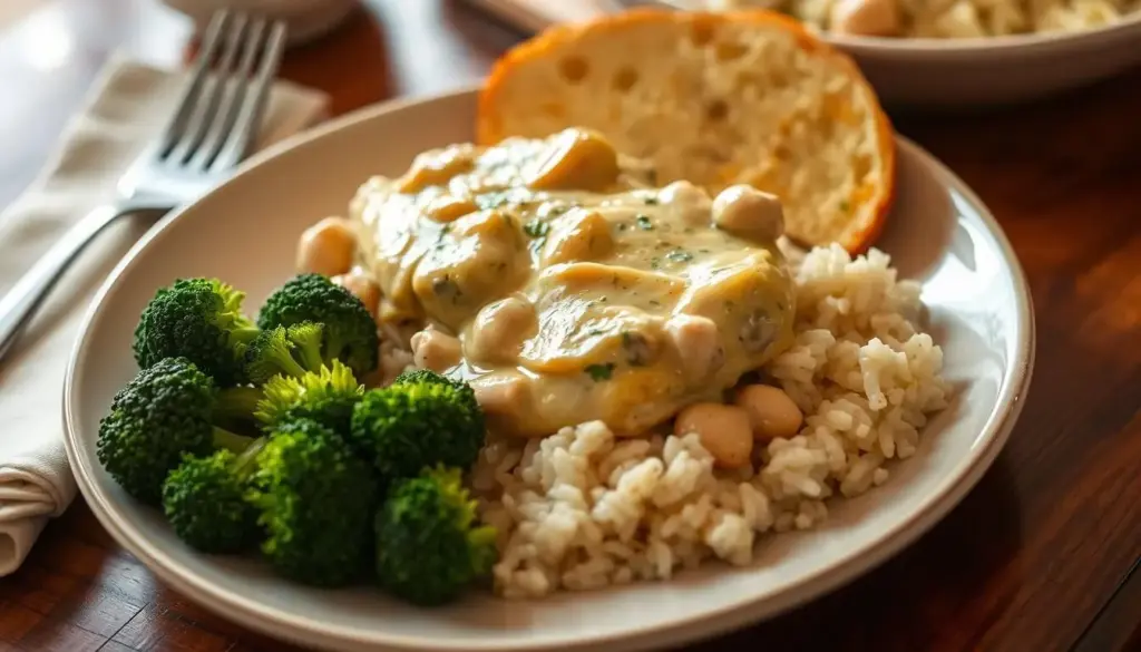 Creamy Smothered Chicken and Rice served with steamed broccoli and garlic bread Creamy Smothered Chicken and Rice served with steamed broccoli and garlic bread