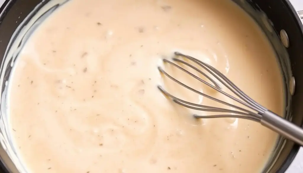 Creating the creamy sauce for Smothered Chicken and Rice Creating the creamy sauce for Smothered Chicken and Rice