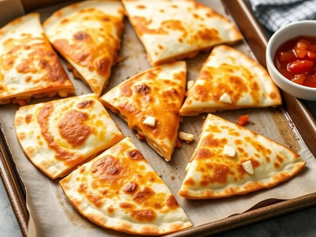 Crispy Oven-Baked Quesadillas cut into triangles, a quick dirt cheap dinner for busy moms Crispy Oven-Baked Quesadillas cut into triangles, a quick dirt cheap dinner for busy moms
