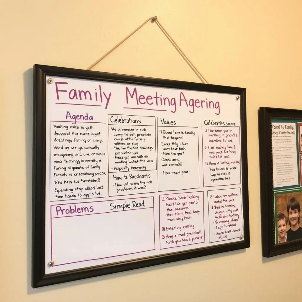 Family meeting board showing agenda items, family values, and problem-solving steps Family meeting board showing agenda items, family values, and problem-solving steps