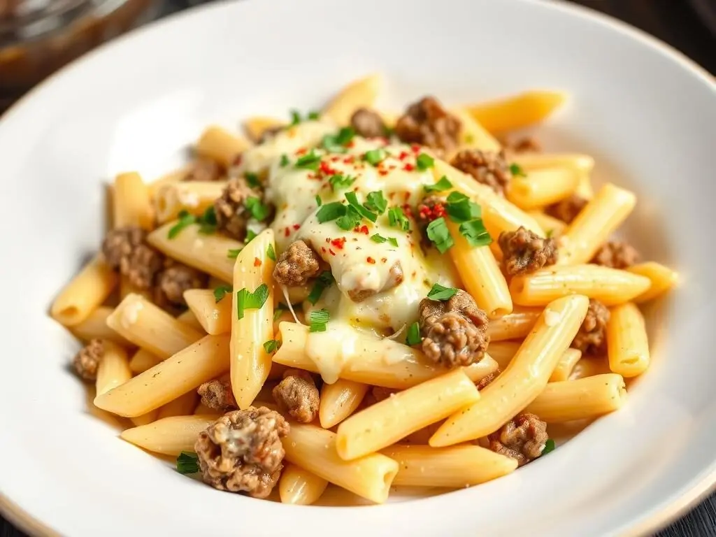 Final dish of Cheesy Penne with Garlic Butter Ground Beef garnished with parsley Final dish of Cheesy Penne with Garlic Butter Ground Beef garnished with parsley