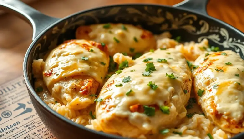 Finished Creamy Smothered Chicken and Rice garnished with fresh parsley Finished Creamy Smothered Chicken and Rice garnished with fresh parsley