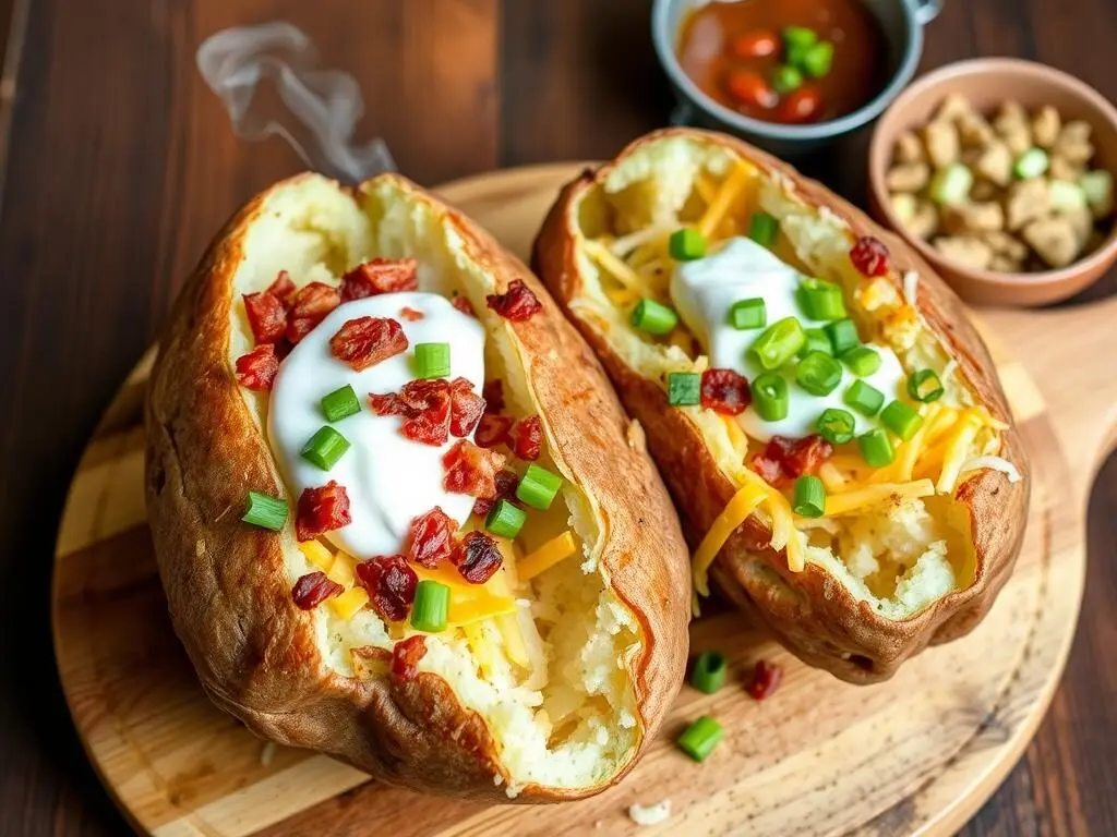 Loaded Baked Potatoes with toppings, a customizable dirt cheap dinner for busy moms Loaded Baked Potatoes with toppings, a customizable dirt cheap dinner for busy moms