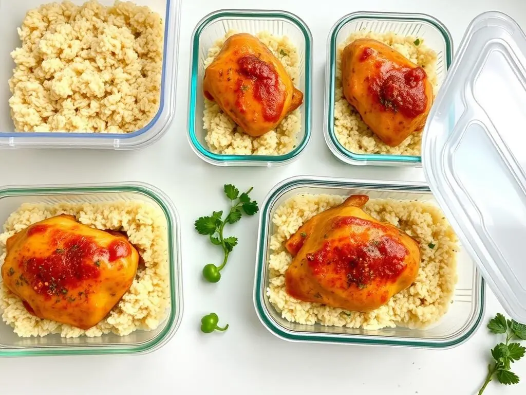 Meal prep containers with Creamy Smothered Chicken and Rice Meal prep containers with Creamy Smothered Chicken and Rice