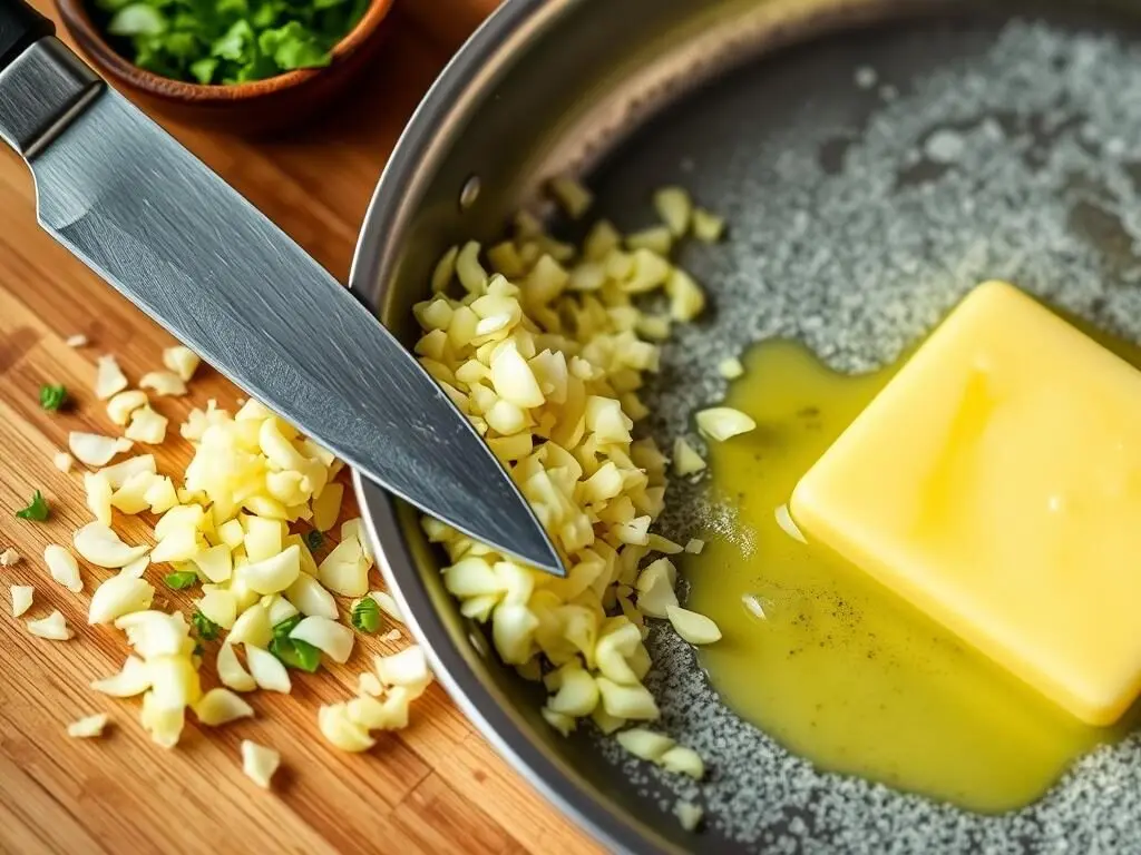 Mincing garlic and melting butter in a pan for the garlic butter sauce Mincing garlic and melting butter in a pan for the garlic butter sauce