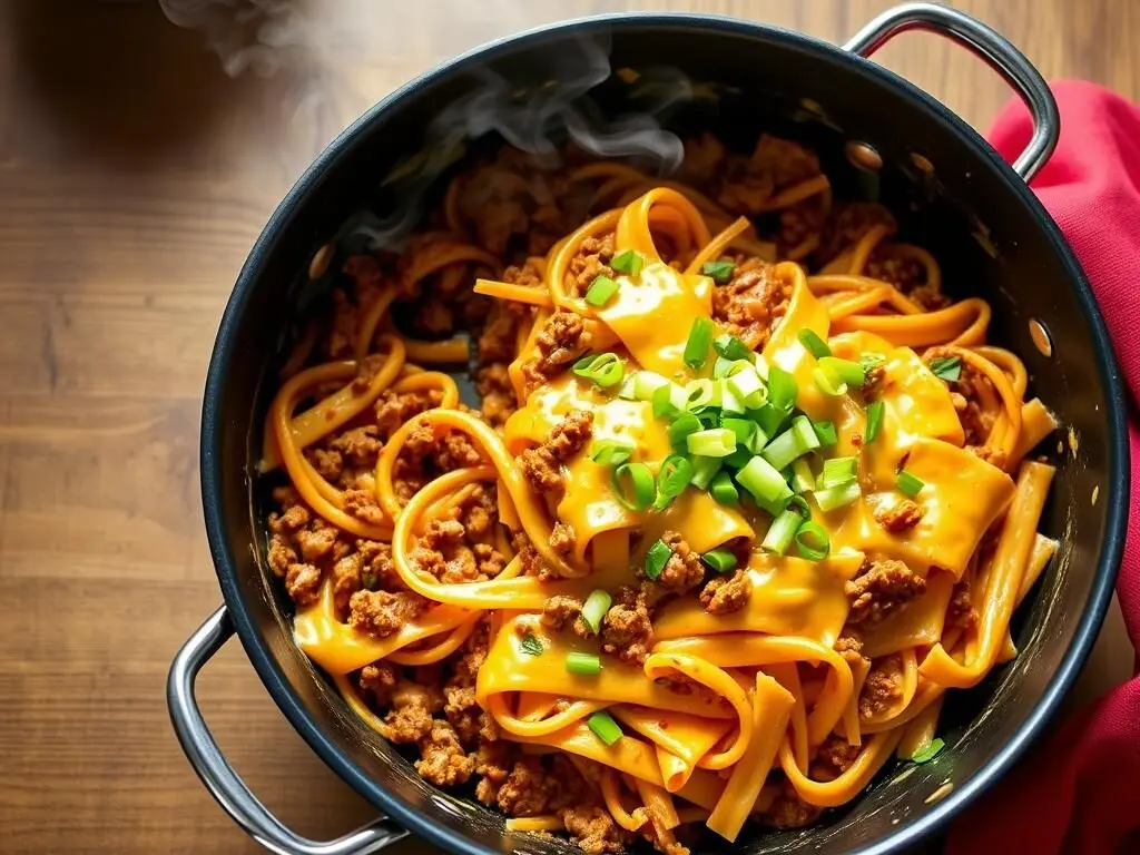 One-Pot Cheesy Taco Pasta in a large skillet, a perfect dirt cheap dinner for busy moms One-Pot Cheesy Taco Pasta in a large skillet, a perfect dirt cheap dinner for busy moms