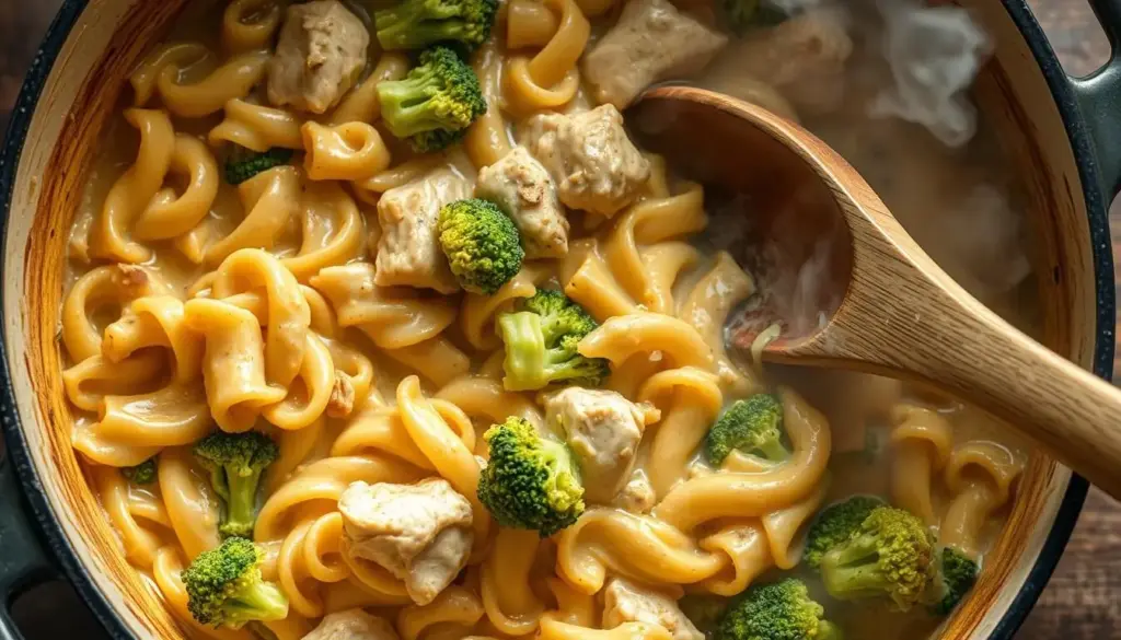 One pot chicken and broccoli pasta cooking in a large Dutch oven One pot chicken and broccoli pasta cooking in a large Dutch oven