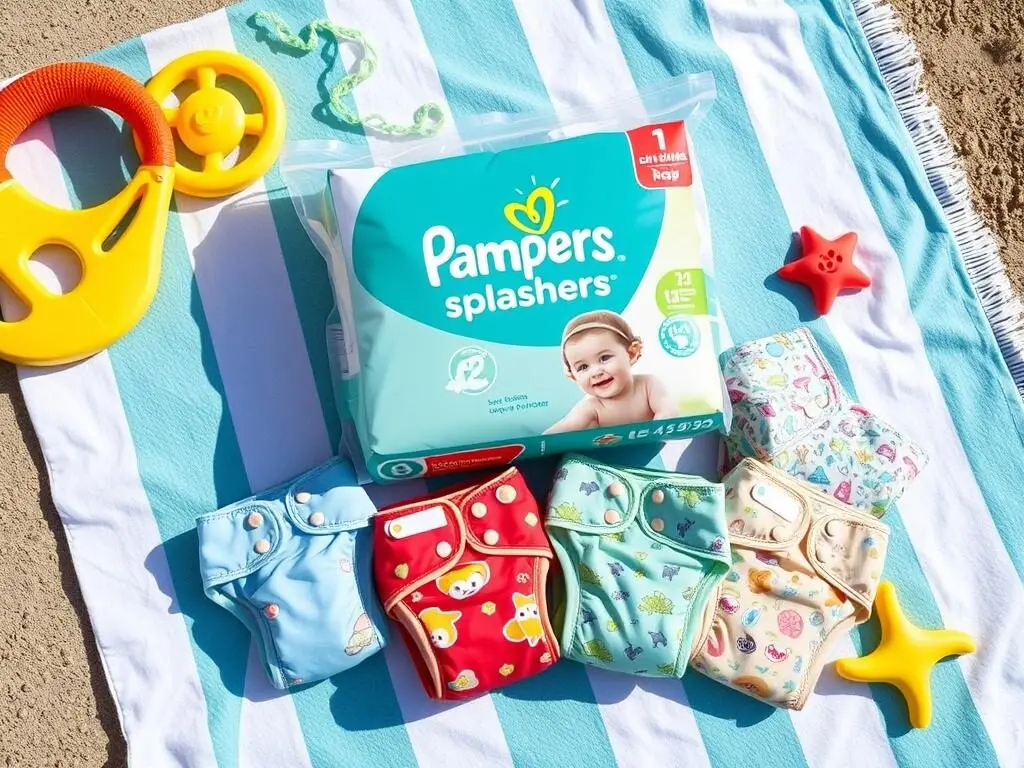 Pampers Splashers Swim Diapers package with multiple diapers displayed