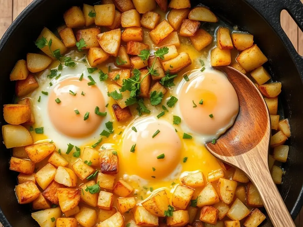 Potato & Egg Skillet with melted cheese, a filling dirt cheap dinner for busy moms Potato & Egg Skillet with melted cheese, a filling dirt cheap dinner for busy moms