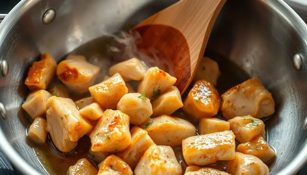 Sautéing chicken pieces in a large pan until golden brown Sautéing chicken pieces in a large pan until golden brown