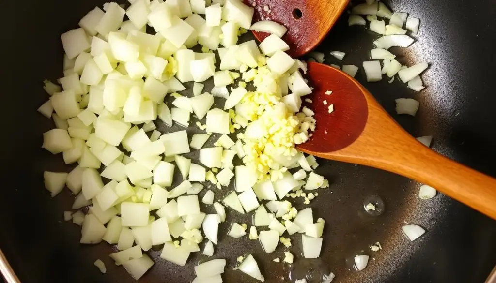 Sautéing onions and garlic in a skillet for Creamy Smothered Chicken and Rice Sautéing onions and garlic in a skillet for Creamy Smothered Chicken and Rice