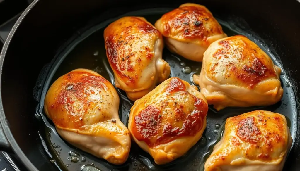 Seasoned chicken thighs being seared in a skillet for Creamy Smothered Chicken and Rice Seasoned chicken thighs being seared in a skillet for Creamy Smothered Chicken and Rice