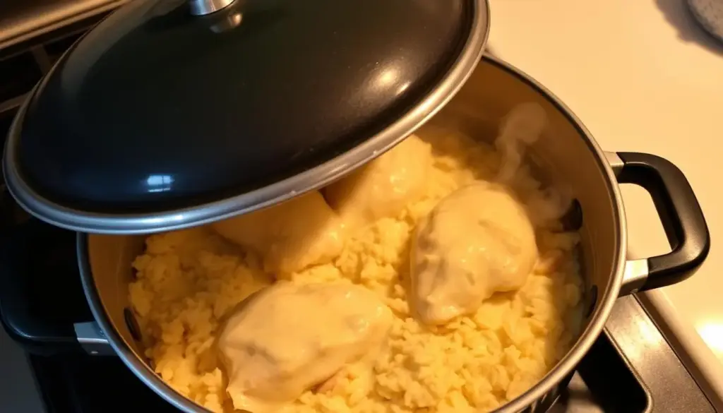 Simmering Creamy Smothered Chicken and Rice in a covered skillet Simmering Creamy Smothered Chicken and Rice in a covered skillet