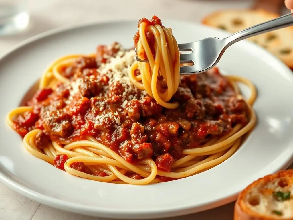 Spaghetti with Meat Sauce on a plate, a classic dirt cheap dinner for busy moms Spaghetti with Meat Sauce on a plate, a classic dirt cheap dinner for busy moms