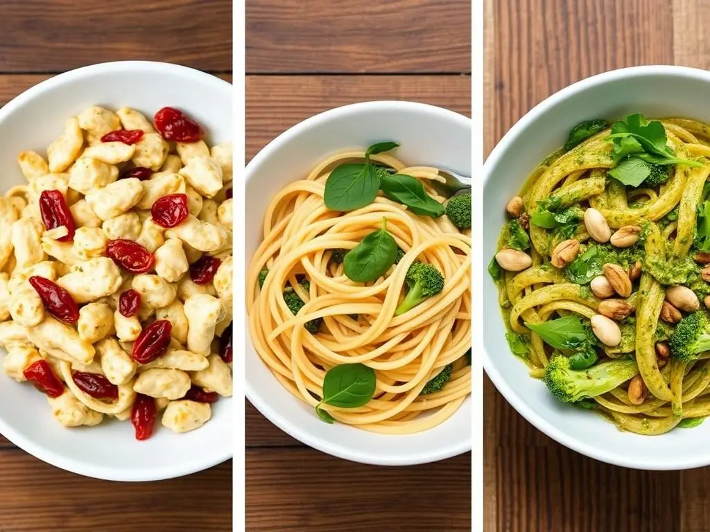 Three variations of chicken and broccoli pasta with different sauces and add-ins Three variations of chicken and broccoli pasta with different sauces and add-ins