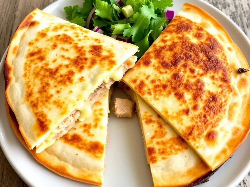 Tuna Melt Quesadillas cut into wedges, a protein-packed dirt cheap dinner for busy moms Tuna Melt Quesadillas cut into wedges, a protein-packed dirt cheap dinner for busy moms