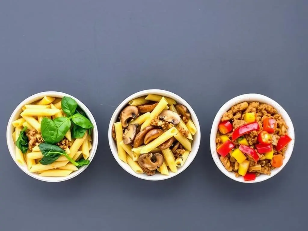 Variations of Cheesy Penne with different add-ins like spinach and mushrooms Variations of Cheesy Penne with different add-ins like spinach and mushrooms