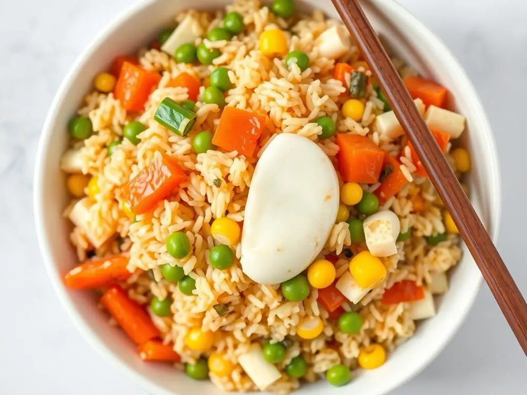 Vegetable Fried Rice in a bowl, a versatile dirt cheap dinner for busy moms Vegetable Fried Rice in a bowl, a versatile dirt cheap dinner for busy moms