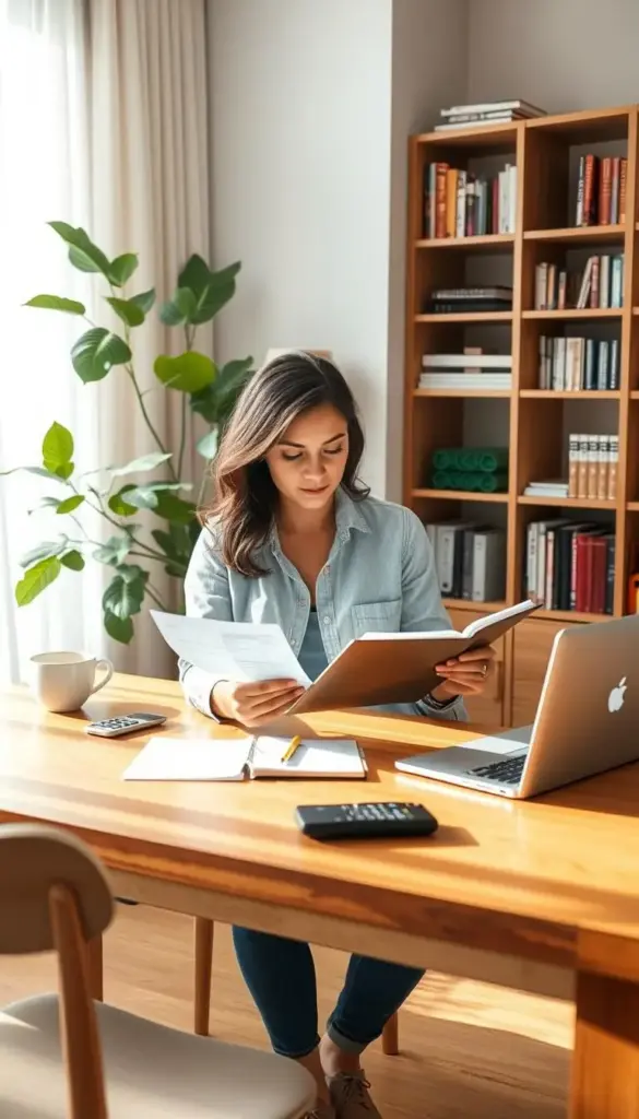 A bright, airy home office with a wooden desk, neatly organized with a laptop, planner, and calculator. In the foreground, a stylish mom in a casual outfit reviews financial documents, her expression focused yet serene. The background features floor-to-ceiling bookshelves, a houseplant, and natural light filtering through sheer curtains, creating a calm, productive atmosphere. The lighting is soft and diffused, complementing the warm color palette. The overall scene conveys a sense of effortless money management and financial savvy for the modern, busy mom. A bright, airy home office with a wooden desk, neatly organized with a laptop, planner, and calculator. In the foreground, a stylish mom in a casual outfit reviews financial documents, her expression focused yet serene. The background features floor-to-ceiling bookshelves, a houseplant, and natural light filtering through sheer curtains, creating a calm, productive atmosphere. The lighting is soft and diffused, complementing the warm color palette. The overall scene conveys a sense of effortless money management and financial savvy for the modern, busy mom.