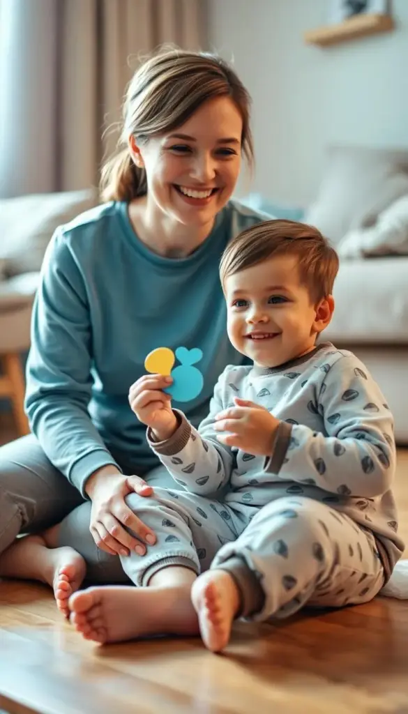 A cheerful, encouraging caregiver sitting on the floor with a young boy, offering a big smile and a colorful reward during a successful potty training session. The boy, wearing comfortable pajamas, is beaming with pride as he holds up his achievement. Soft, warm lighting illuminates the intimate, supportive scene, conveying a sense of patience, positivity, and meaningful connection. The background features a cozy, nurturing home environment, with subtle hints of encouragement and celebration. A cheerful, encouraging caregiver sitting on the floor with a young boy, offering a big smile and a colorful reward during a successful potty training session. The boy, wearing comfortable pajamas, is beaming with pride as he holds up his achievement. Soft, warm lighting illuminates the intimate, supportive scene, conveying a sense of patience, positivity, and meaningful connection. The background features a cozy, nurturing home environment, with subtle hints of encouragement and celebration.