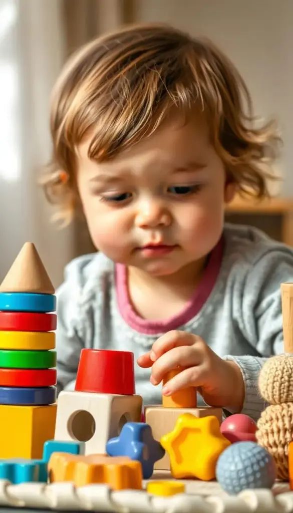 A close-up portrait of a curious toddler examining a set of developmental milestone toys, including stacking blocks, shape sorters, and textured sensory objects. The child's expression conveys a sense of focused concentration as they explore the various colors, textures, and shapes. The background is softly blurred, emphasizing the subject and creating a calming, nurturing atmosphere. The lighting is warm and natural, gently illuminating the scene. The overall composition suggests a thoughtful, attentive study of early childhood development. A close-up portrait of a curious toddler examining a set of developmental milestone toys, including stacking blocks, shape sorters, and textured sensory objects. The child's expression conveys a sense of focused concentration as they explore the various colors, textures, and shapes. The background is softly blurred, emphasizing the subject and creating a calming, nurturing atmosphere. The lighting is warm and natural, gently illuminating the scene. The overall composition suggests a thoughtful, attentive study of early childhood development.