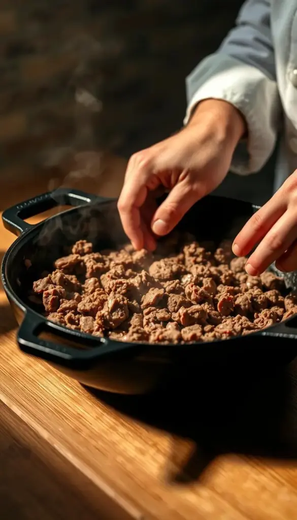A close-up shot of a chef's hands expertly browning ground beef in a hot cast-iron skillet. The beef sizzles and simmers, filling the frame with a rich, savory aroma. Warm, soft lighting from above bathes the scene in a cozy, inviting glow, casting dramatic shadows that accentuate the texture of the meat. The skillet is perched on a clean, uncluttered wooden surface, allowing the focus to remain solely on the preparation process. The overall mood is one of warmth, comfort, and the simple pleasure of homemade cooking. A close-up shot of a chef's hands expertly browning ground beef in a hot cast-iron skillet. The beef sizzles and simmers, filling the frame with a rich, savory aroma. Warm, soft lighting from above bathes the scene in a cozy, inviting glow, casting dramatic shadows that accentuate the texture of the meat. The skillet is perched on a clean, uncluttered wooden surface, allowing the focus to remain solely on the preparation process. The overall mood is one of warmth, comfort, and the simple pleasure of homemade cooking.
